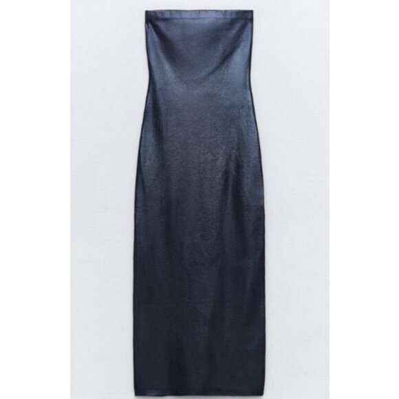 Zara Tube Dress Foil Knit Midi in Metallic Blue-Size Small NWT - Picture 6 of 12
